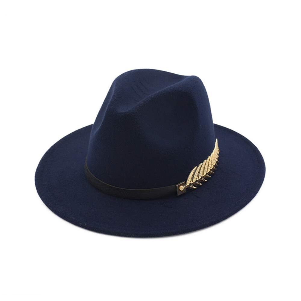 Vrouwen Brede Rand Fedora Panama Hoed Met Metalen Gesp: Dark blue