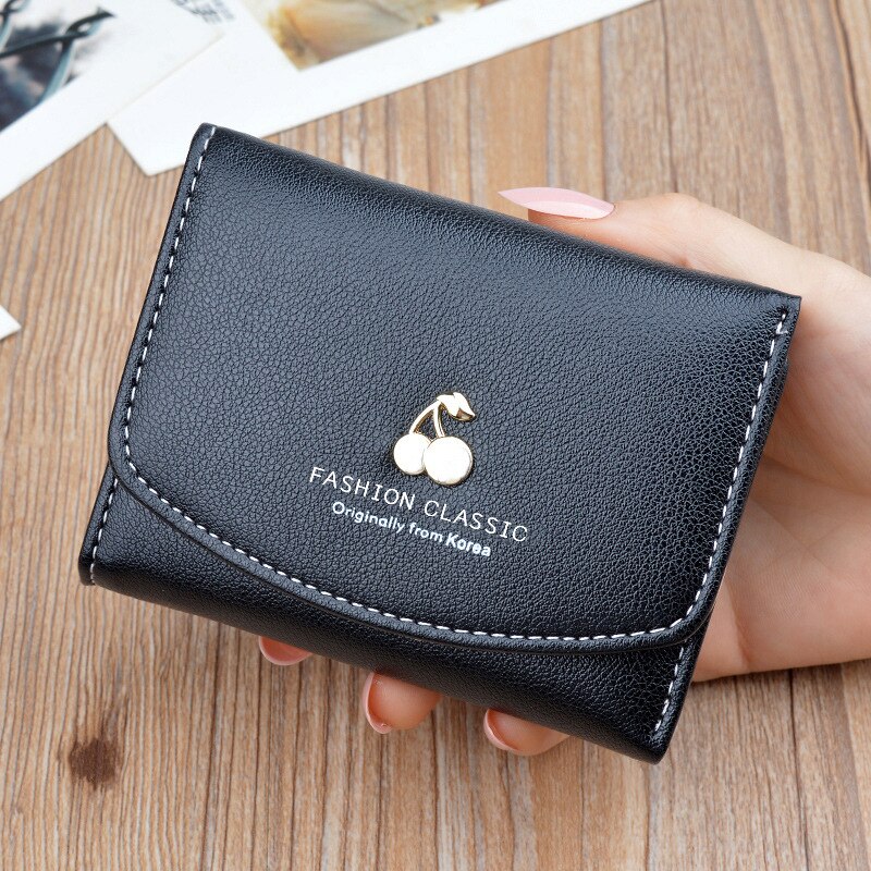 Portefeuille pour femmes nouveaux étudiants court pliant multi-fonctionnel sac à main pochette xiao décontracté en cuir porte-monnaie pour fille porte-carte: Black