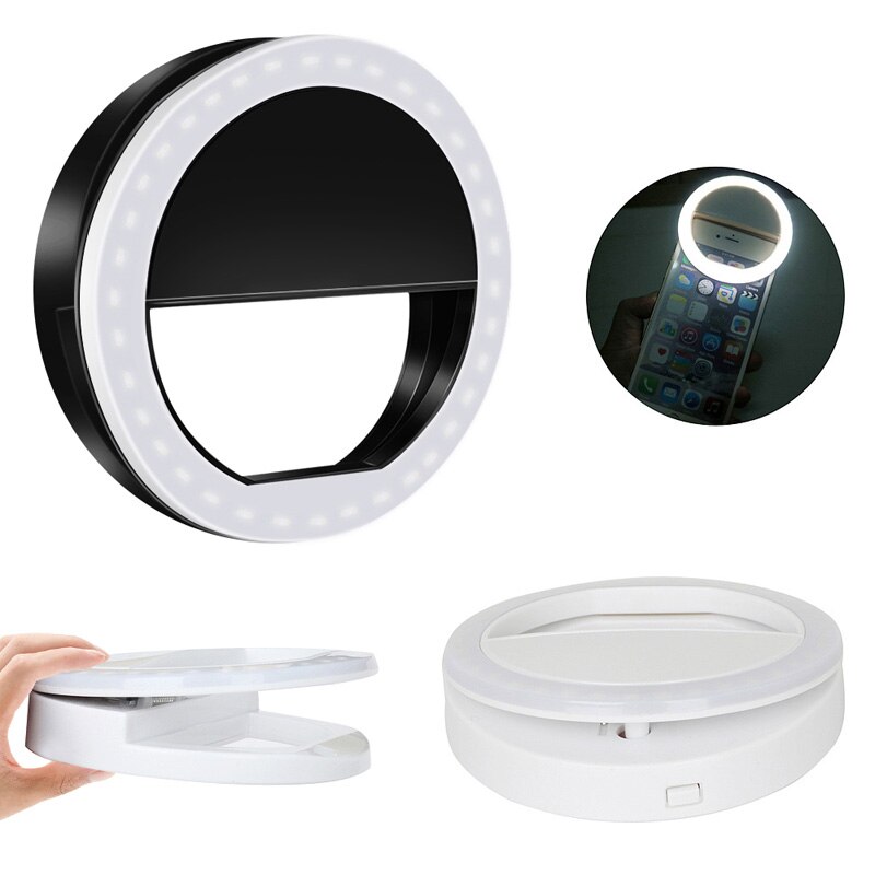 Ledet selfie ring lommelygte passer svagt miljø selvudløser lys værktøj lysende ring klip til enhver mobiltelefon tabletter: Sort