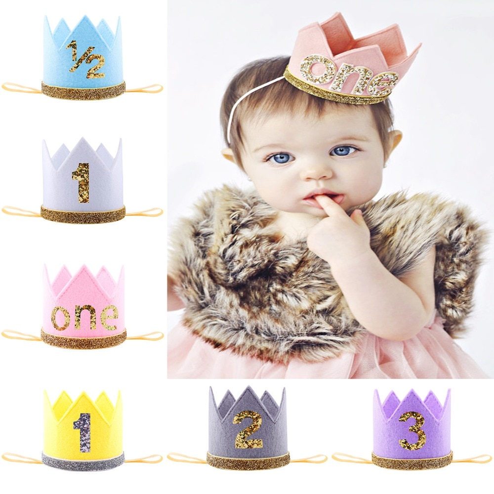 Priness Crown Number 1st 2 3Year Old Party Hat Glitter Birthday Headband Boy Blue Silver First Birthday Hat Girl Gold Pink