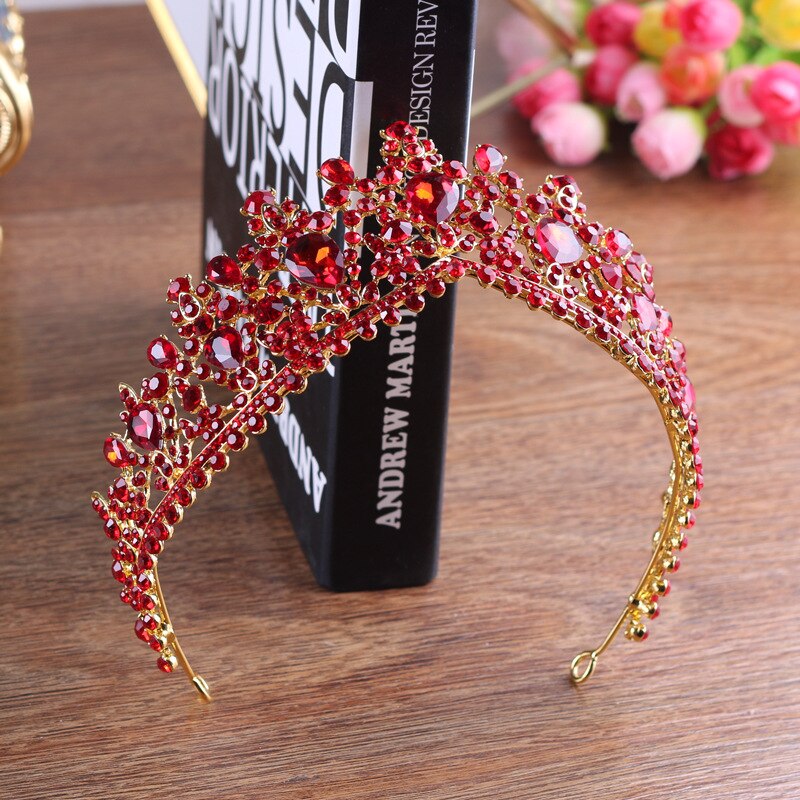 Luxe gouden rode strass bruids tiara's kroon vintage barok kristal diadeem voor bruiden hoofdbanden bruiloft haaraccessoires