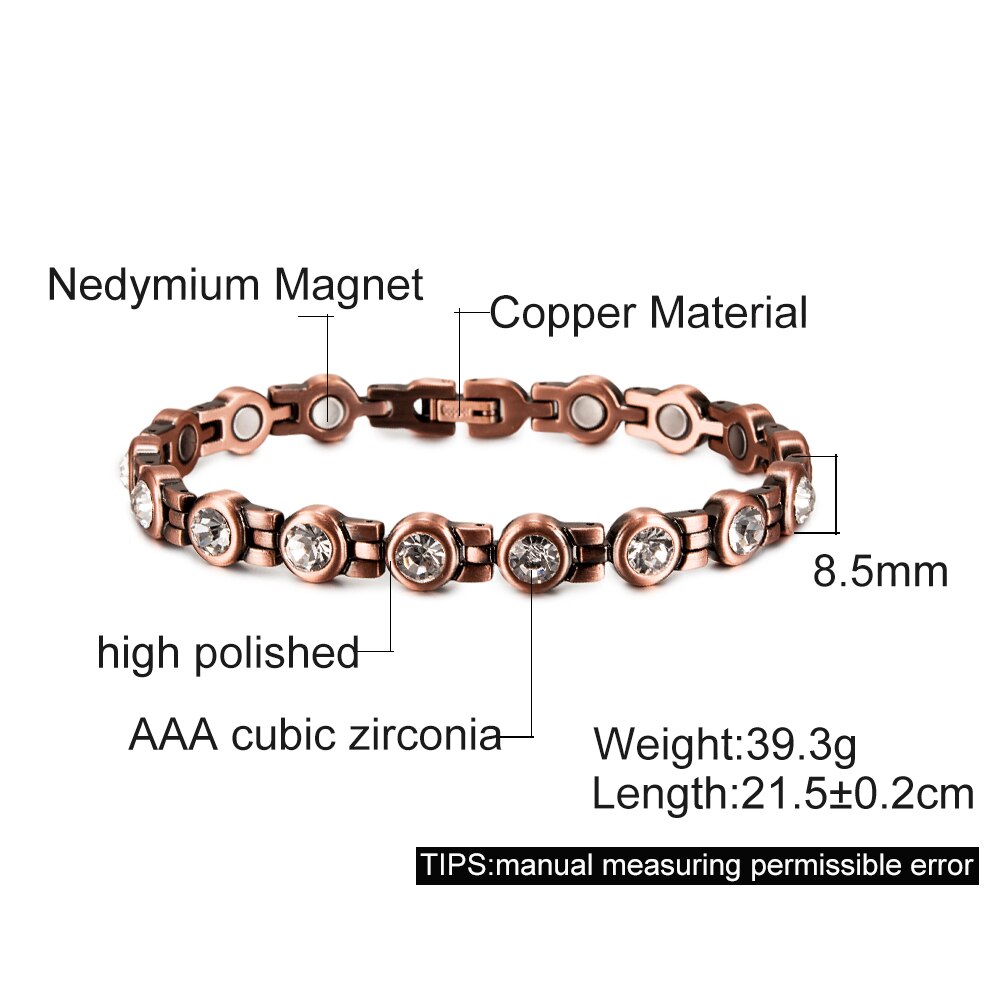 Magnetic Pure Copper Bracelets for Women Cubic Zirconia Chain Link Copper Magnetic Bracelet Arthritis Health Energy Arthritis: 21.5cm 8.5mm