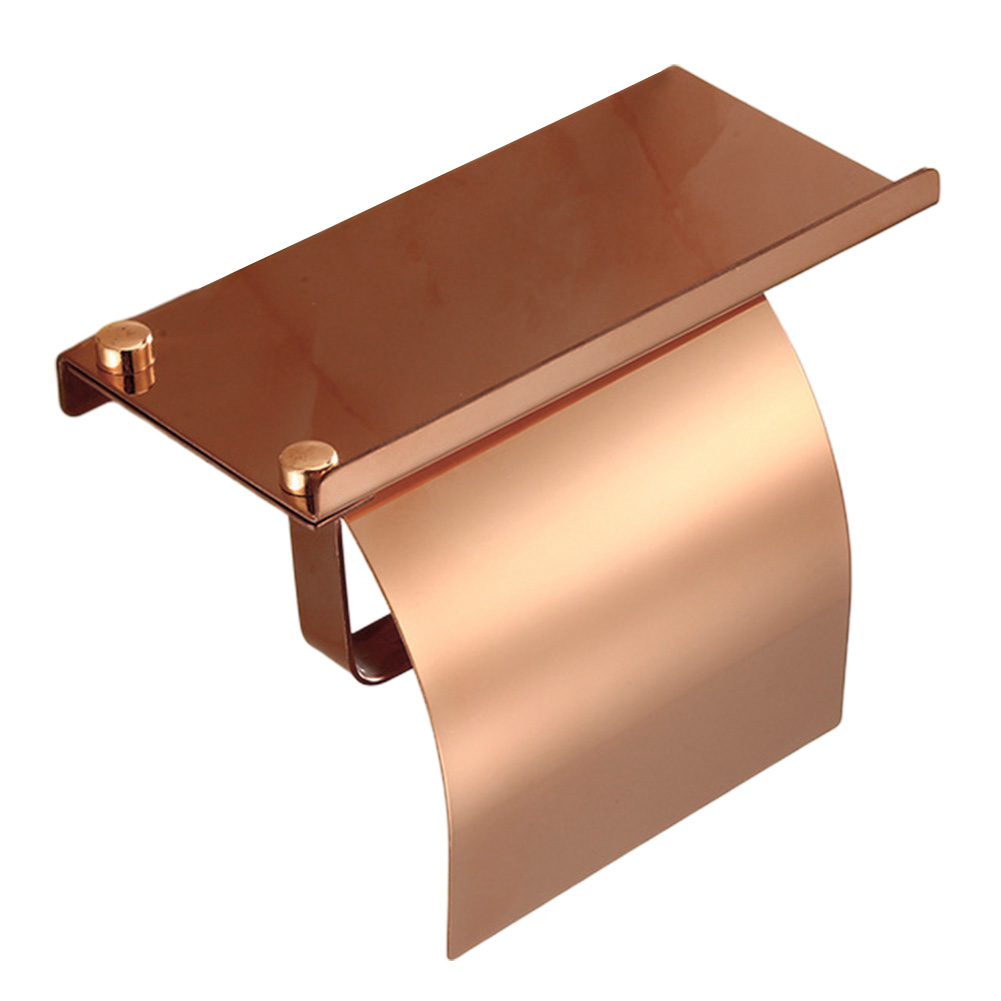 Rustfrit stål toiletpapirholderholder universal multifunktionel mobiltelefon vægmonteret med hyldevæsker støvtæt rulle: Rose guld