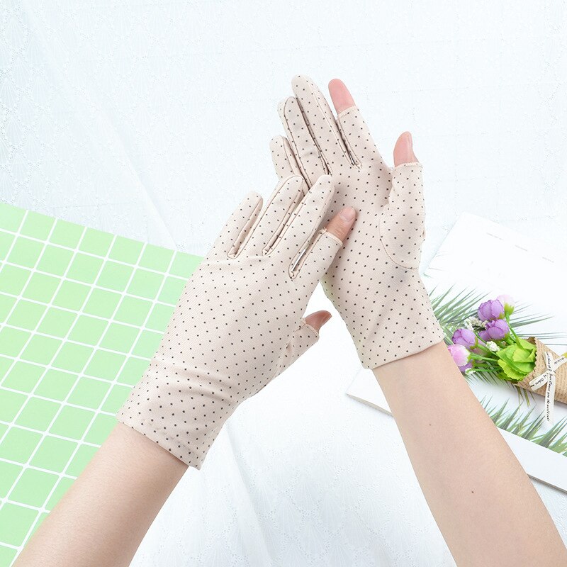 1 par de guantes de muñeca de protección solar a la , guantes elásticos de punto con dos dedos para mujer, mitones Vintage de tela para conducir: Beige