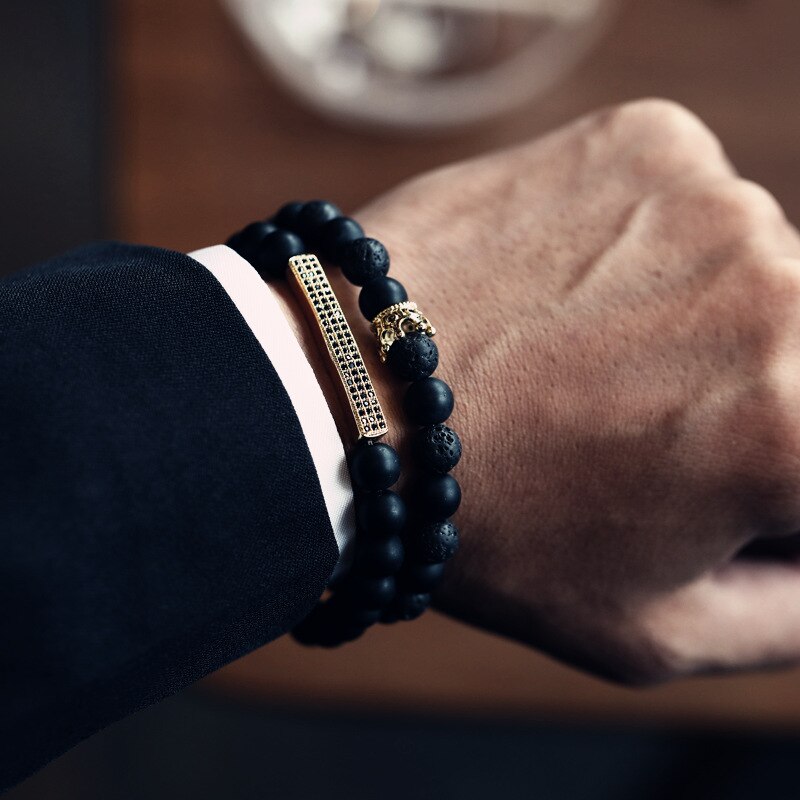 Klassieke Handgemaakte Lion Crown Charm Mannen Armband 2 Stks/set Matte Lava Stone Bead Armband Voor Mannen Sieraden: 3