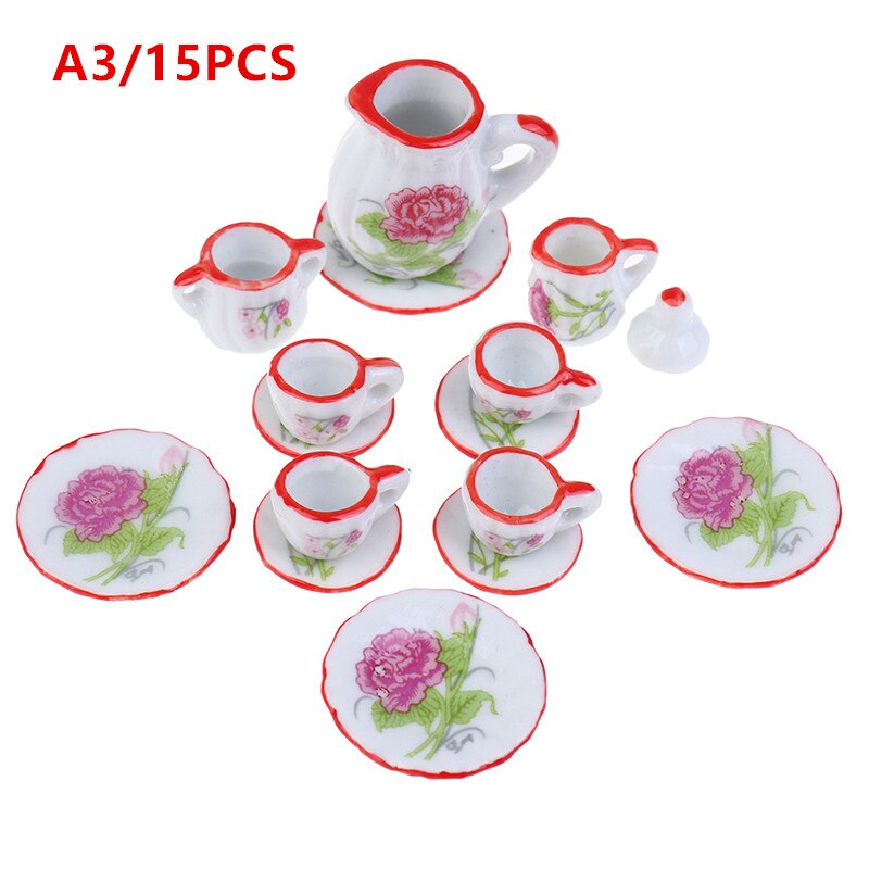 15Pcs 1:12 Miniature Porcelain Tea Cup Set Chintz Flower Tableware Kitchen Dollhouse Furniture Toys For Children: A3