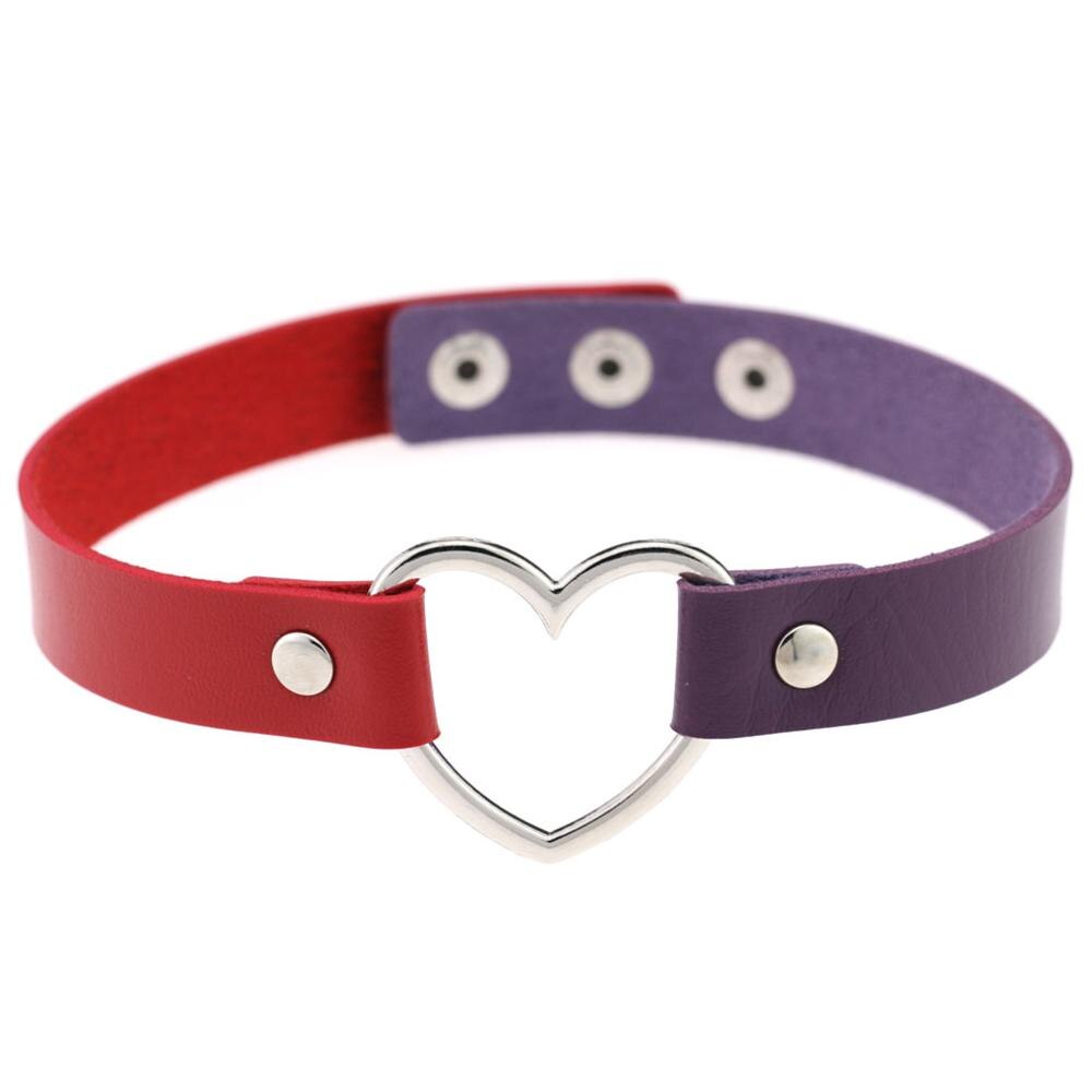 1PC Multi-Color Harajuku Punk Lady Gothic Leather Choker Heart Chain Spike Rivet Buckle Collar Necklace: red purple