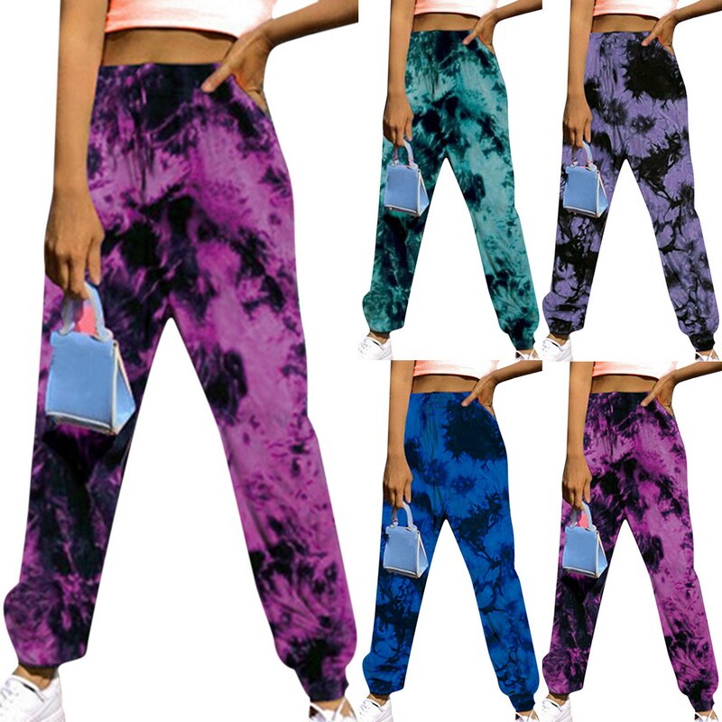 Women High-Waist Joggers Trousers Tie Dye Printed Sweatpants Casual Loose Sports Wear Female Drawstring Side Pockets Leggings