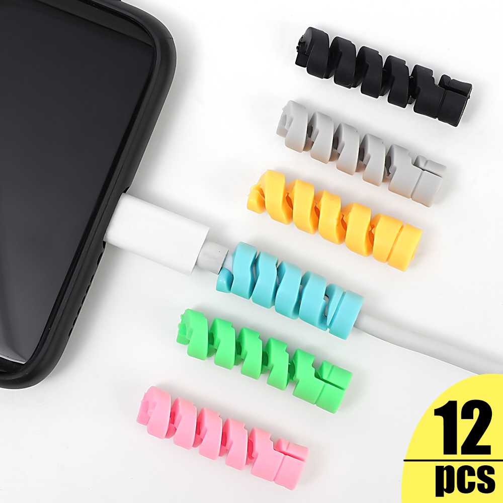 Protector de Cable Universal de silicona para Cable de datos, enrollador en espiral, organizador de Cable, cubierta para iPhone, envoltura de Cable de cargador USB, 1/12 Uds.
