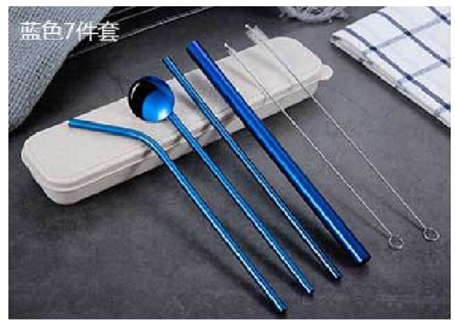O metal reusável que bebe palhas de aço inoxidável resistente dobrou a palha reta das bebidas com acessório da festa da barra da escova da limpeza: Azul