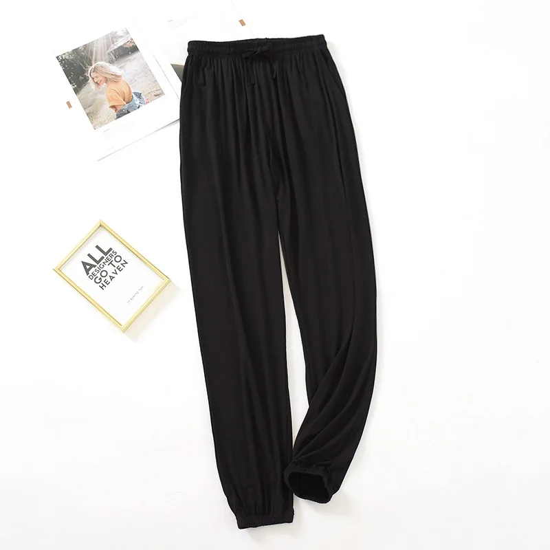Pantalones japoneses de estilo para el hogar para mujer, pantalones finos de modal holgados de talla grande de color sólido para primavera y verano, pantalones para el hogar para mujer: XXL / Negro