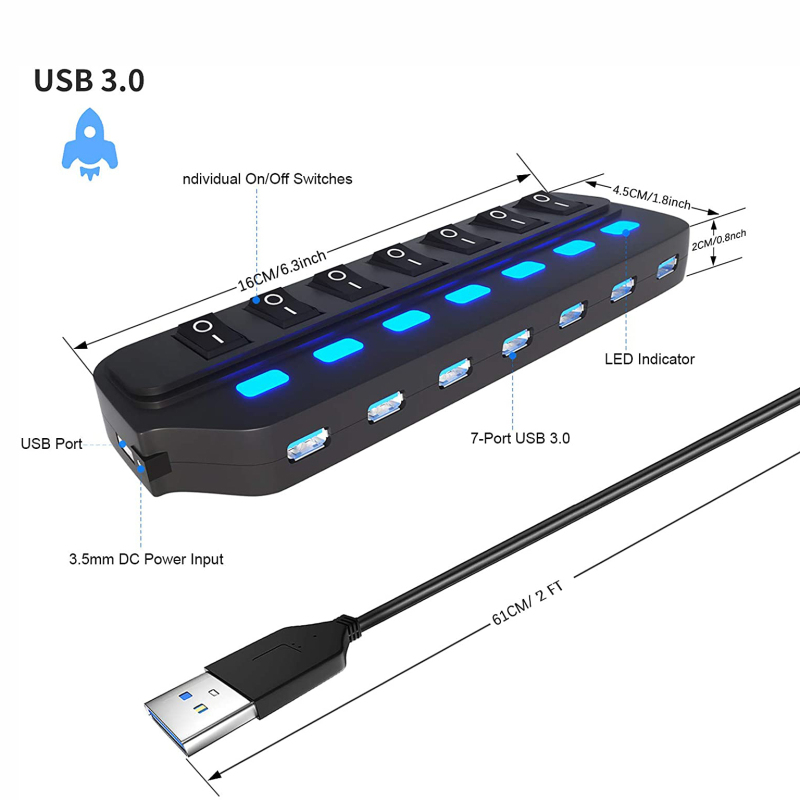 Usb 3.0 Hub Powered 7 Poort Aluminium Data Hub Super Speed 5Gbps Data Transfer Snelheid Meerdere Usb-poorten Voor windows Linux Pc