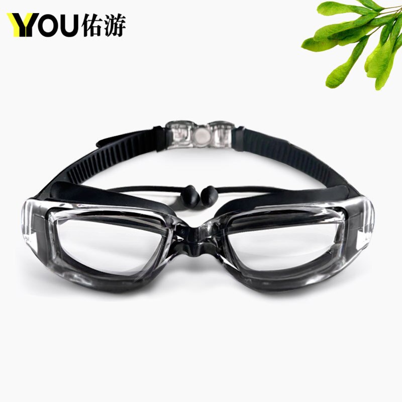 Bijziendheid Zwembril Oordopje Professionele Volwassen Siliconen Badmuts Zwembad Bril Anti Fog Mannen Vrouwen Optische Waterdicht Eyewear: Transparent Black