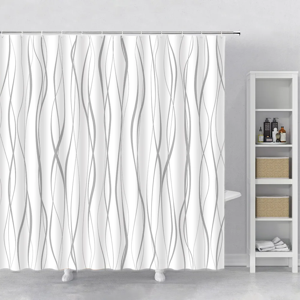 Geometrische Golvende Lijn Douchegordijn Modern Minimalistisch Interieur Polyester Stof Badgordijn Machine Wasbare Haak Voor Badkamer