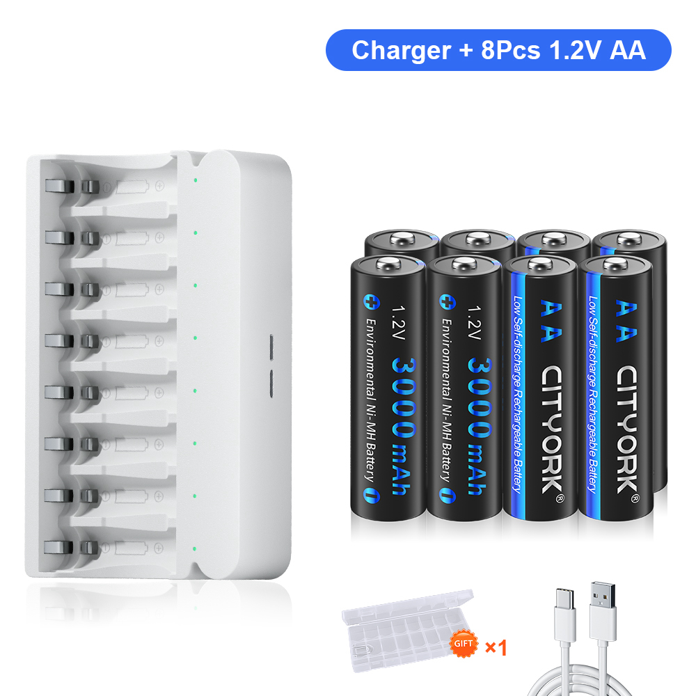 CITYORK 1,2 V AA AAA batería recargable NIMH NI-MH + 8 ranuras LED cargador rápido de batería inteligente para baterías NIMH AA AAA de 1,2 V: Azul oscuro