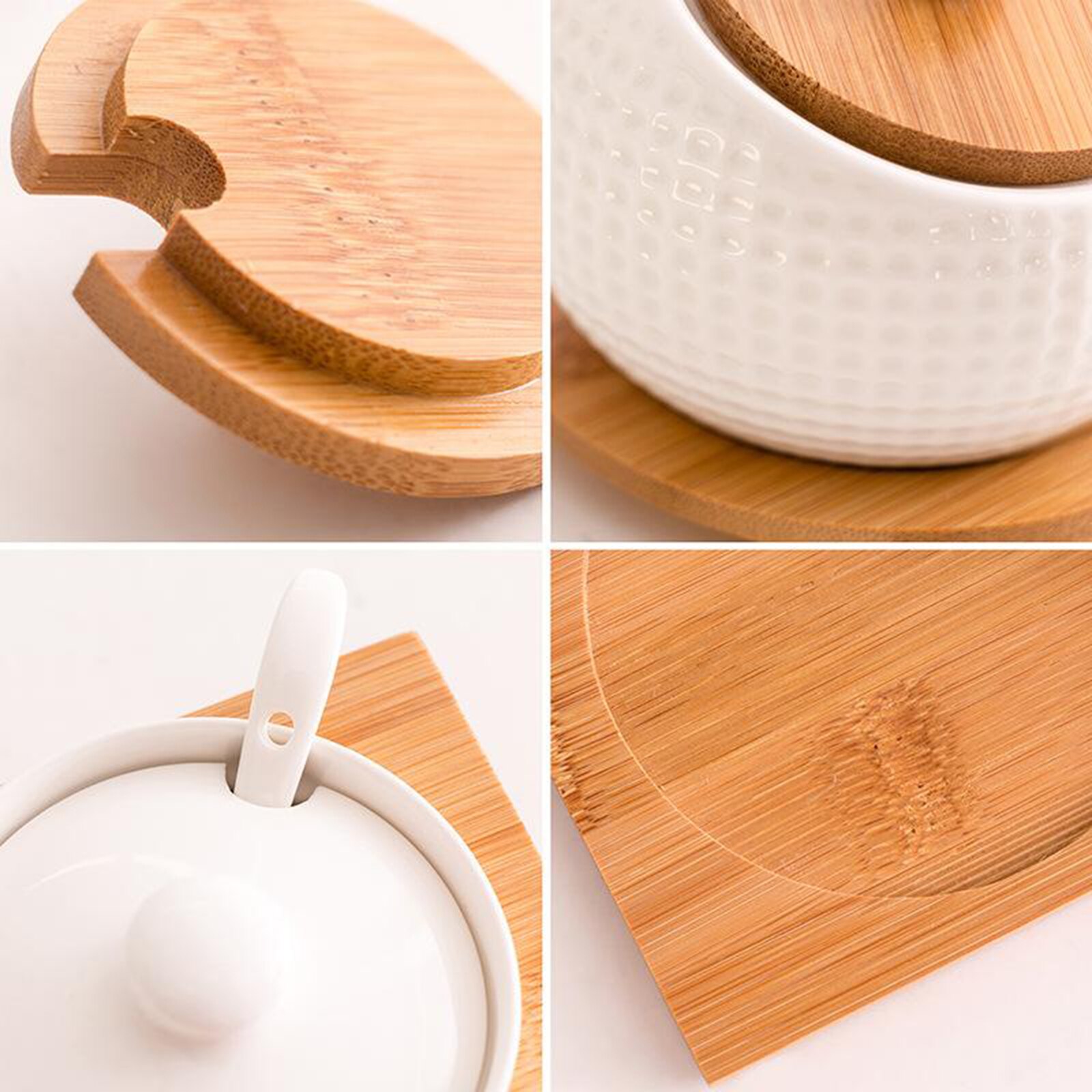Condiment Pots Sugar Jar Bowls with Spoon and Bamboo Lid, Ceramic Seasoning Box