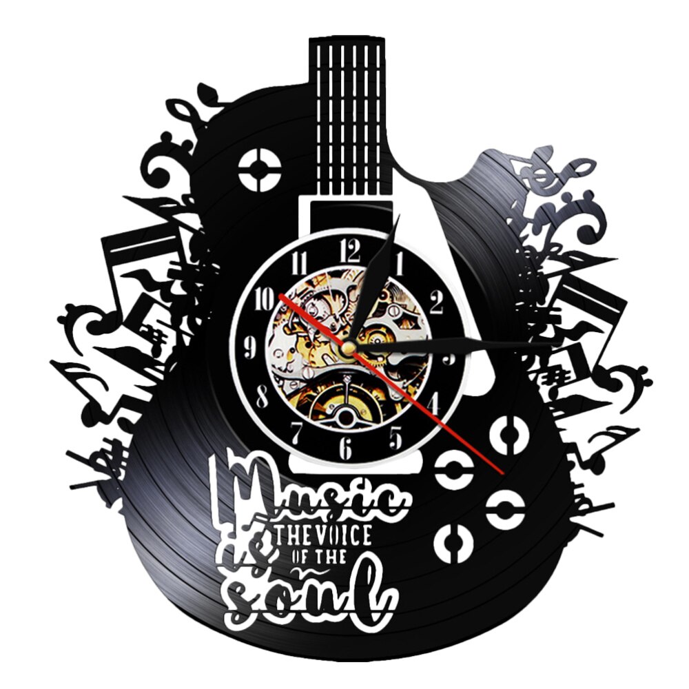 1pc Vinyl Record Wall Clock Guitar Shape Wall Hanging Clock Decorative LED Clock Without Lamp (As Shown)