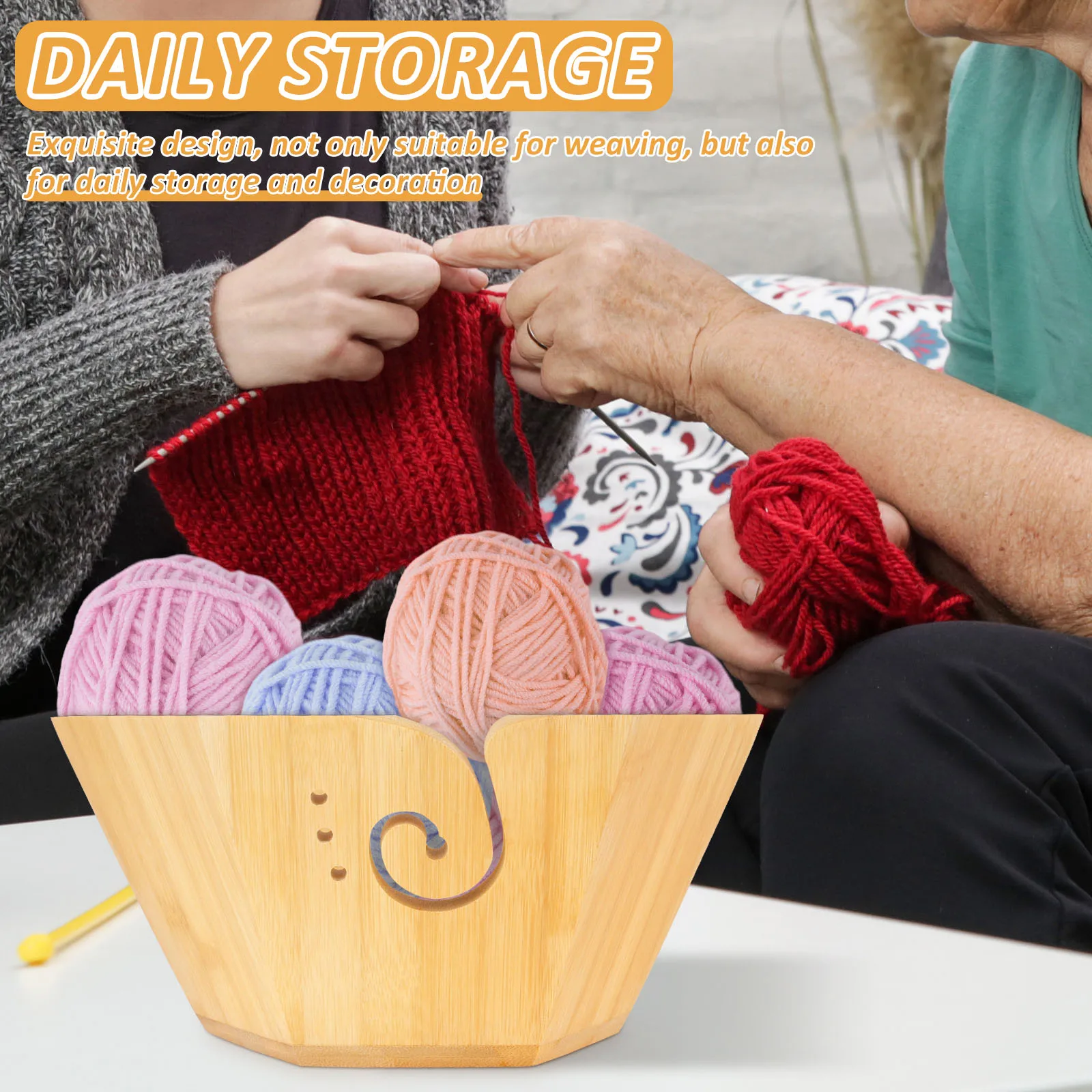 Wood Yarn Bowl Knitting Storage Basket Wool Wire Holder Organizer Knitting Crochet Weave Tool Storage Bowl with Manage Wire Hole