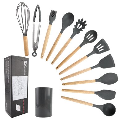 11 st silikon köksredskap set, rosa massivt trä handtag med förvaringslåda, köksutrustning kit köksredskap tillbehör: 11pc grå