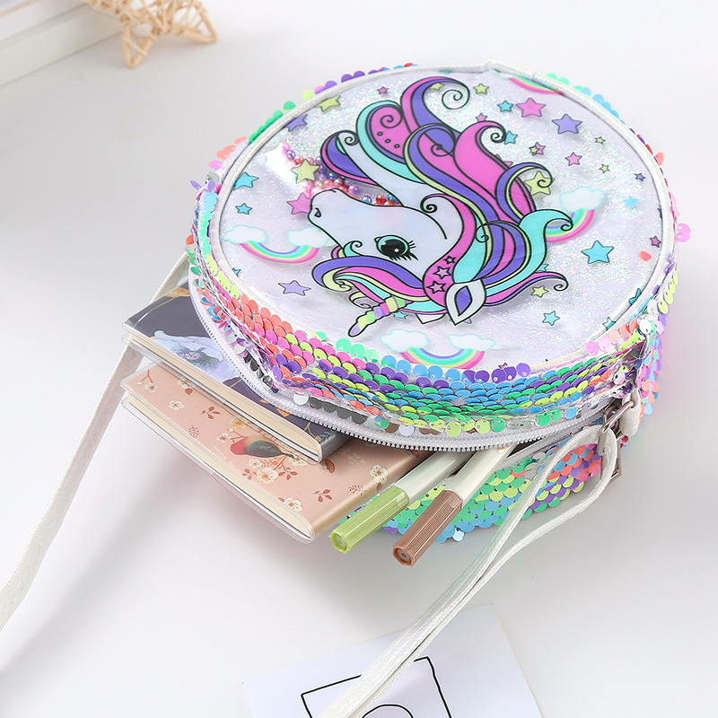 Mini-Kupplung für freundlicher, süße, glitzernde pailletten-umhängetaschen für kleine mädchen, einhorn-handtaschen und geldbörsen mit Karikatur-motiven, Baby-münzbeutel