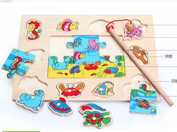 Kids Wooden Magnet Cat Fishing Toys Cartoon Puzzle Game Early Childhood Educational Wooden Toys