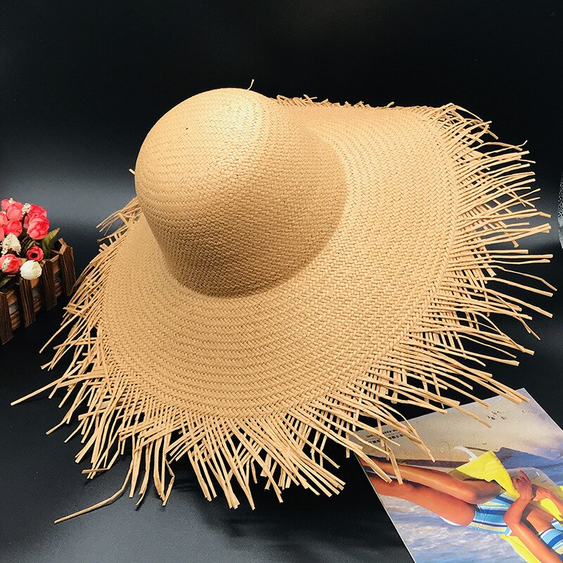 Naturlig stor bred rand rand raffia halm hattar vävd cirkel frans strand keps sommar ihålig stor halm hatt strand hatt strå hatt: Kaki
