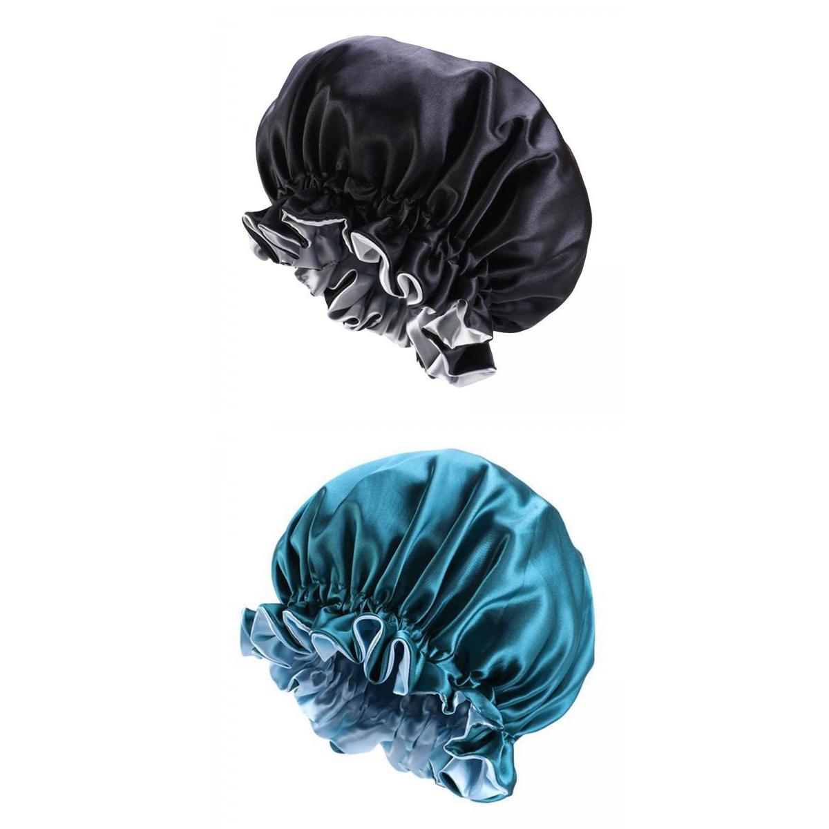 2pc Satin Bonnet Sleep Bonnet Cap Double Layer Sleeping Hair Bonnet: black blue