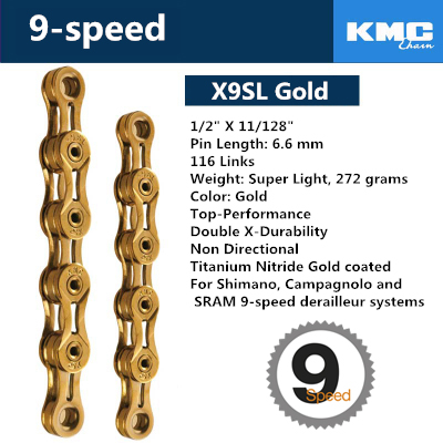 Łańcuch KMC Z99/X9/X9SL/X10/X10SL/X11/X11SL, 116 ogniw, prędkość 6/7/8/9/10/11, srebrny/szary/złoty do roweru szosowego mtb łańcuch rowerowy: gold X9SL