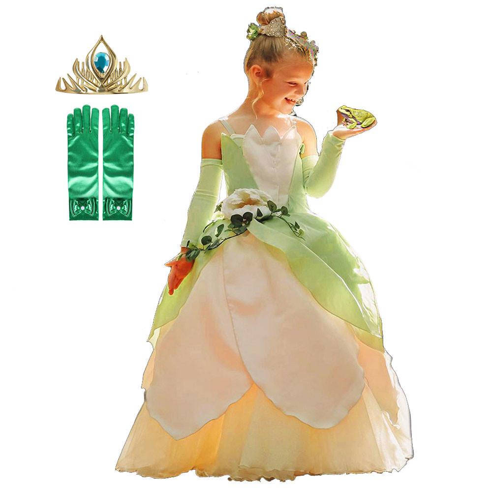 Costume princesse et la grenouille pour filles, robe Tiana de carnaval, robes de jeu de rôle: Dress B / 10-11T