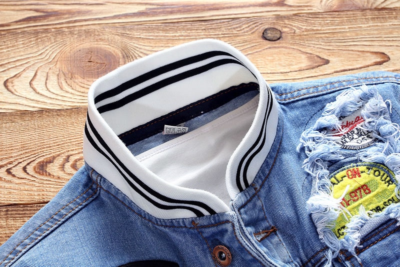 Men's Stand Collar Embroidered Denim Jacket Youth Baseball Collar Hole Patch Denim Jacket