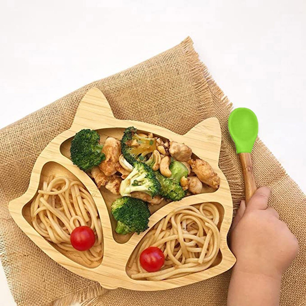 Assiette de mouton en bambou pour bébé, bol d'alimentation à aspiration en Silicone, ensemble de cuillère à succion, bol de renard , vaisselle, outils de cuisine: GN
