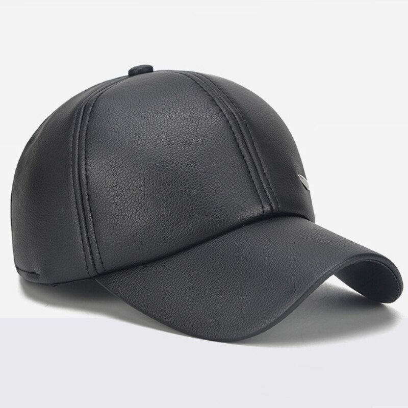 HT1876 PU Leather Baseball Caps Men Solid Black Snapback Baseball Hats Warm Winter Hats Caps for Men Adjustable Earflap Dad Caps