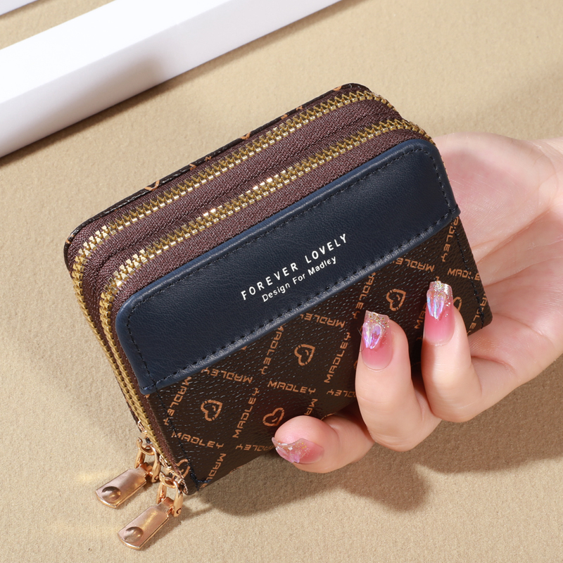 Mini portefeuille en similicuir avec double fermeture éclair, pochette classique compacte, fentes pour cartes multiples, poche coordonnante, protection RFID, chic