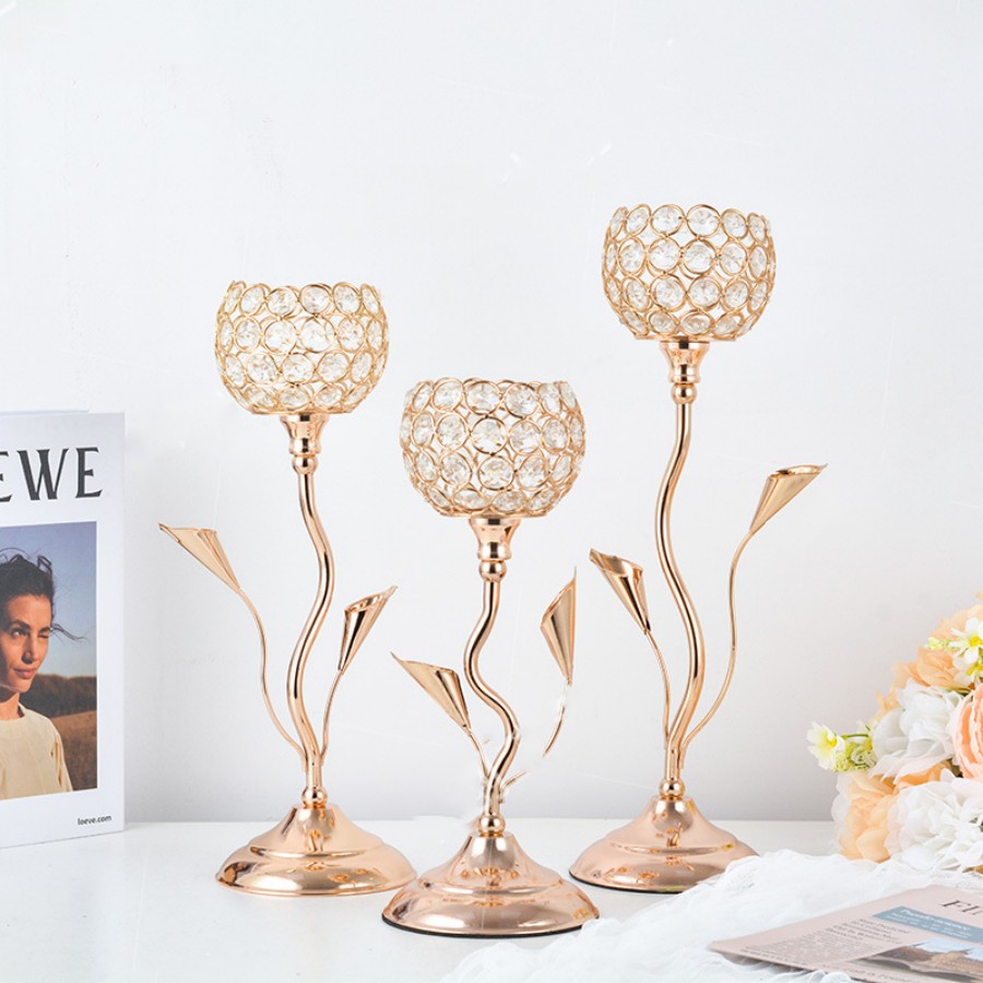Portavelas de cristal dorado, candelabro en forma de flor de hierro, juego de candelabros Vintage pequeño para centro de mesa, boda, cumpleaños