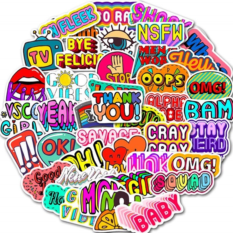 50Pcs Vinyl Laptop Stickers Cute English Word Stickers Thank You LoveFunny Word Decoration Sticker For Laptop Notebook Luggage