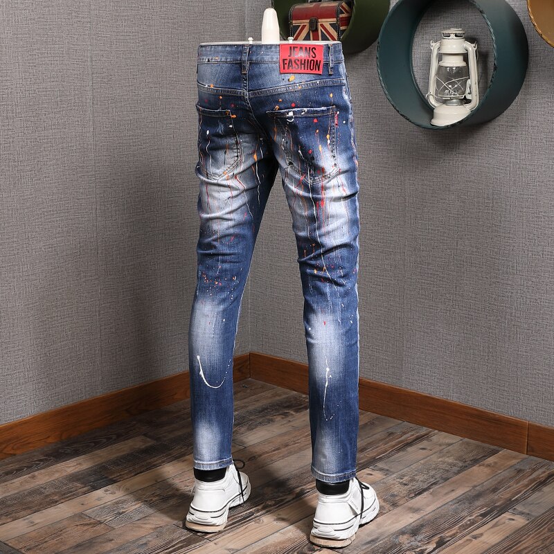 Mens Splash-ink Blue Ripped Jeans Men Slim Fit Pencil Pants Streetwear Cowboy Casual Denim Trousers