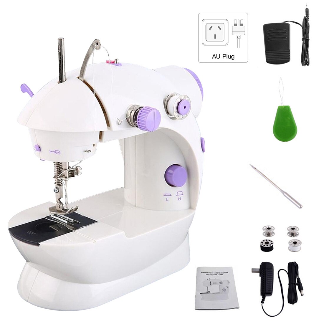 Electric Portable Mini Sewing Machine Handheld Sewing Machines Household Multifunction Automatic Tread Rewind Sewing Machine LED: AU Plug