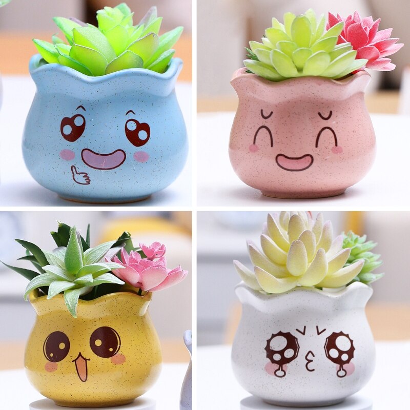 4 Pcs Cute Expression Ceramic Flower Pot Minimalist Succulent Vase for Indoor Plants Water Absorption Flowerpot Plants