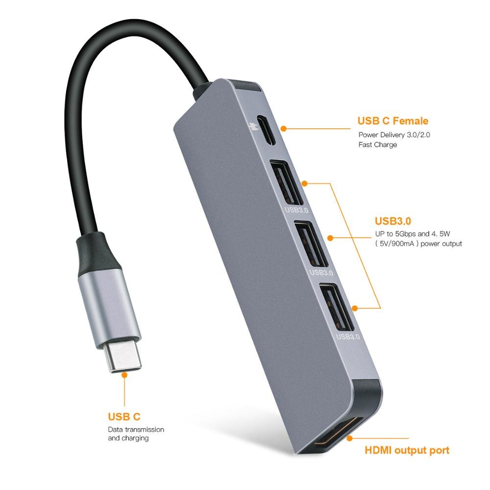 Hub USB 5 en 1 de Type C avec adaptateur de charge rapide PD pour Macbok, prolongateur de téléphone Portable, USB 3.1