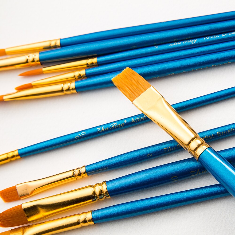 10Pcs/Set Nylon Watercolor Paint Brush Different Shape Acrylic Wooden Handle Point Tip Art Painting Brushes Stationery Supplies