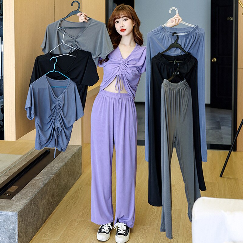 Woman 2pcs Pajama Sets V-Neck Short Sleeve Sexy Top and Elastic Waist Full Length Loose Wide Leg Pants Homewear and Outwear Set