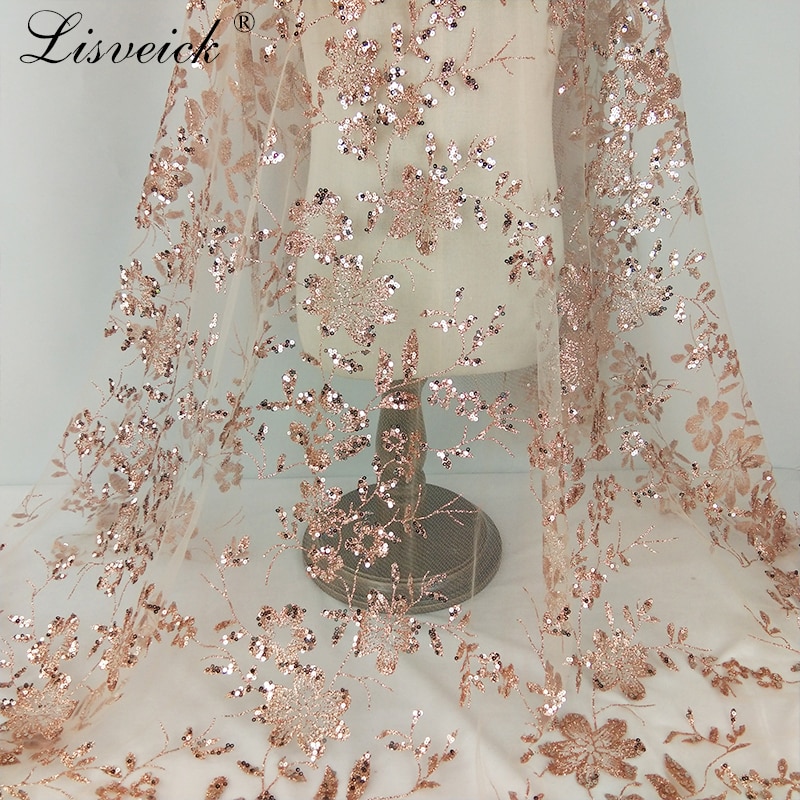 Nowy 1 stocznia złoty jedwab haftowany kwiat tiulowa siatka koronkowa tkanina zdobiona cekinami na wieczorowa suknia ślubna dodatki odzieżbyć winnym