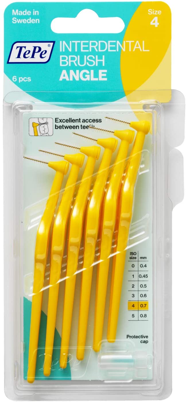 TePe Angle™ Interdental Brushes Every Size Interspace Cleaning With Long Handle Between Teeth Braces Toothbrush 6 Brushes: 0.7mm - Size 4 Yellow