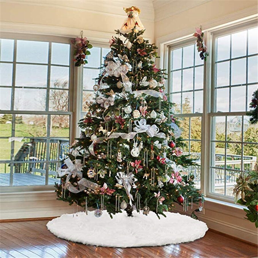 2 pcs White Plush Christmas Tree Skirt Carpet Large Snowy White Faux Fur Floor Mat Xmas Decorations Year Ornaments 48 inches