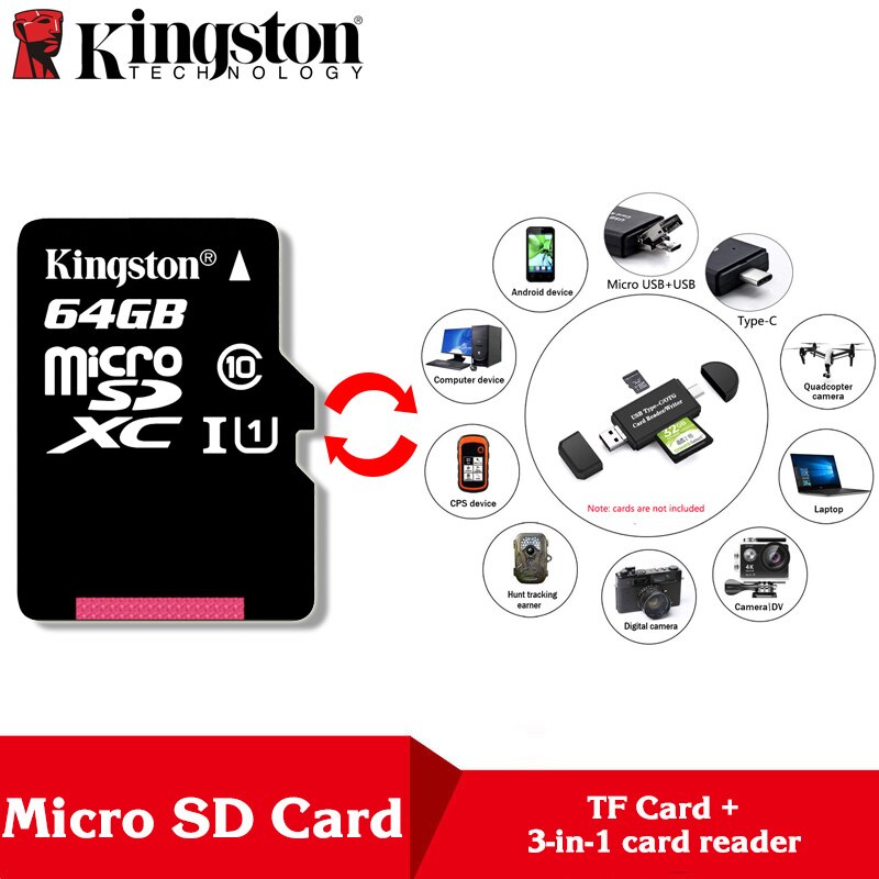 Kingston Microsd 8gb 16gb 32gb 64gb 128gb 256gb Memory Card Class 10 SDHC TF Card With Card Adapter/Reader for iphone&Laptop: TF64-R320-Reader