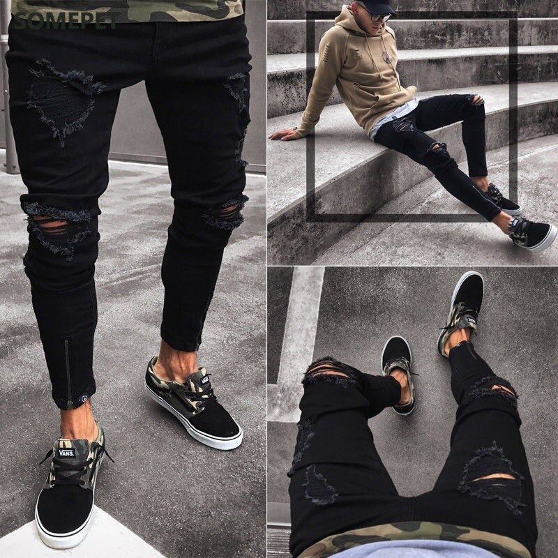 Black Stretch Skinny Fit Bottom zipper Jeans Men Knee Ripped Distressed Hole biker jeans Pants Hip Hop Street Big Size XXXL
