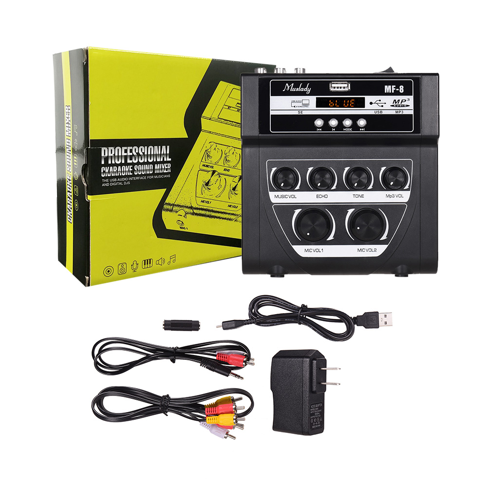 Muslady MF-8 Mini Karaoke Sound Mixer Stereo Echo Mixers Dual Microphone Inputs Support BT Recording MP3 for PC Amplifier: Black-US