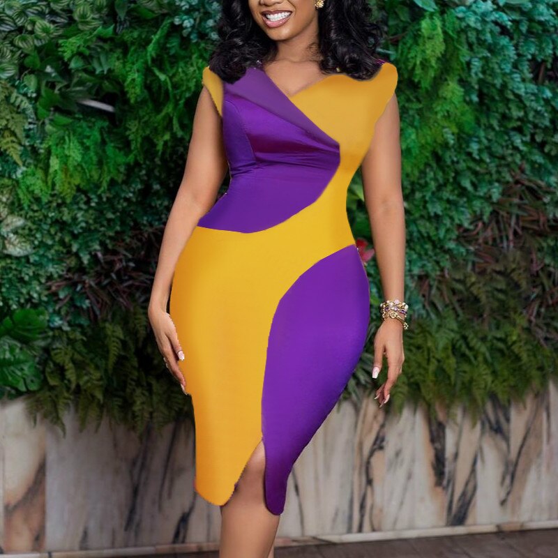 Femmes Patchwork robe à manches courtes genou longueur moulante bureau dames coupe mince quotidien tenue de fête femme grande taille robes XXL