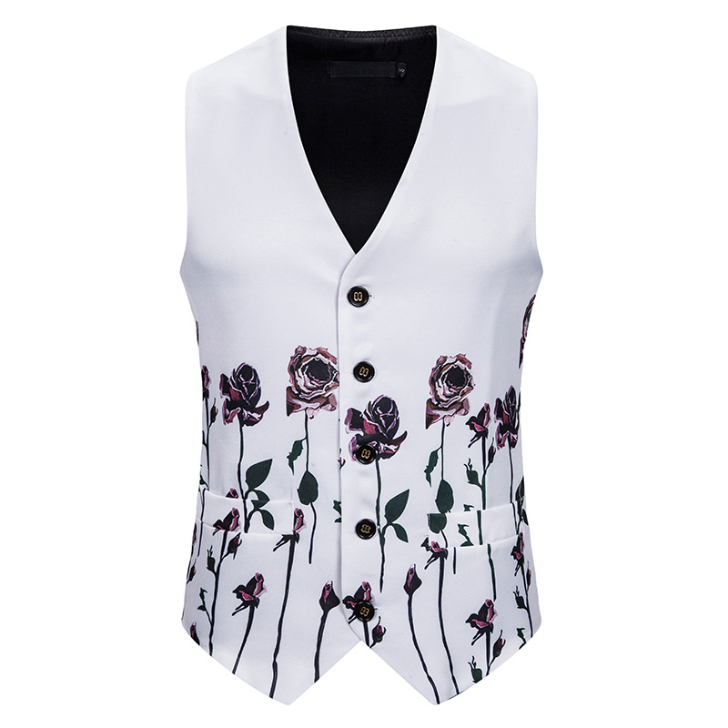 Wit rozen bloemenvest heren merk slim fit enkelrijs vest gilet heren zakelijk casual vest bruiloft smoking vesten heren: Wit / Xxl