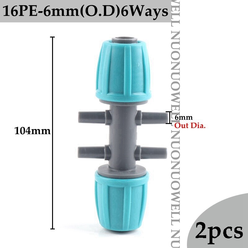 2pcs 16mm LDPE Pipe Fittings Garden Water Connectors Hose Lock Nut Joints Micro Irrigation System Kits Tube Fittings: 16PE-6mm(O.D)6Ways